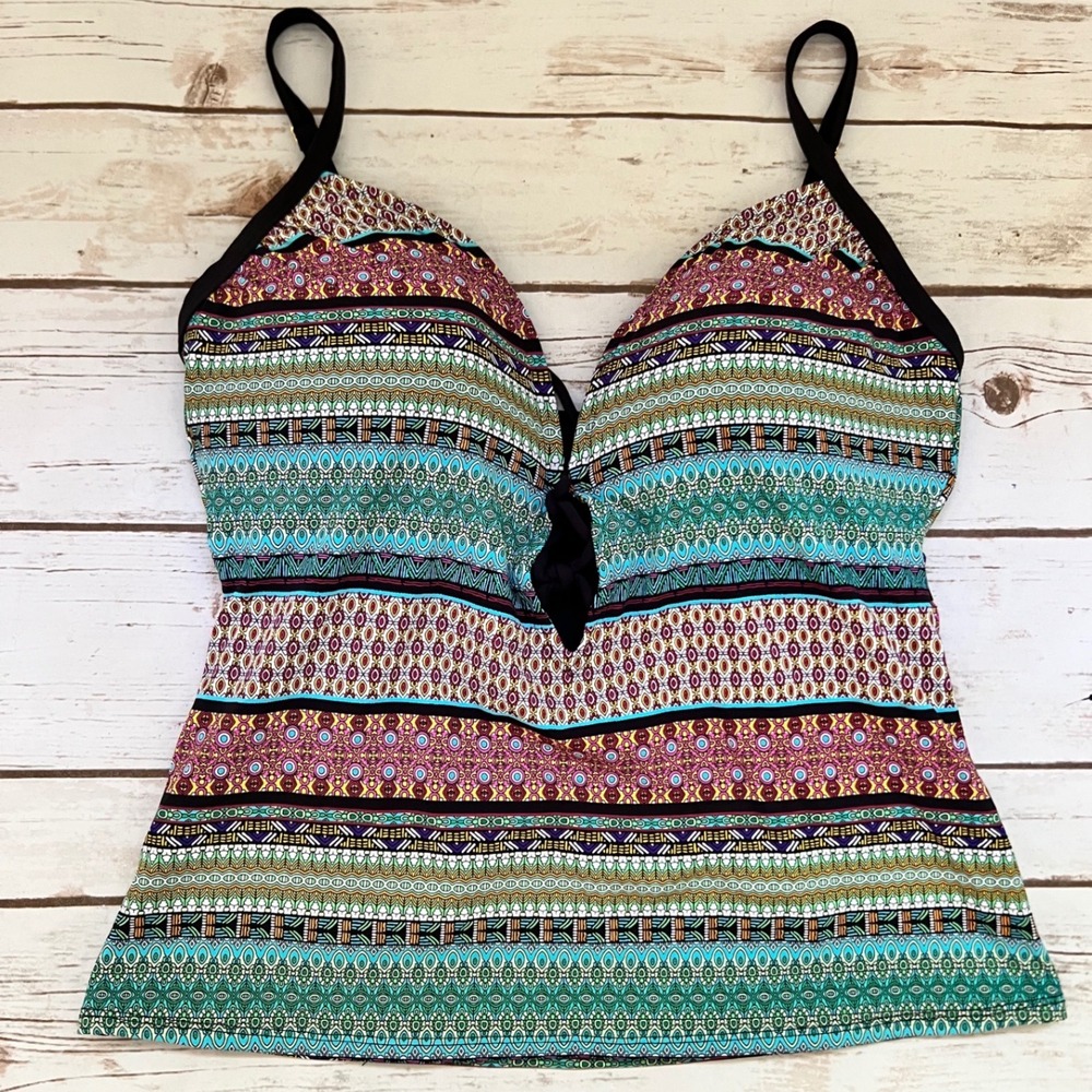 Rod Beattie Tankini Top Multi‎ Geometric Lace Up - 10